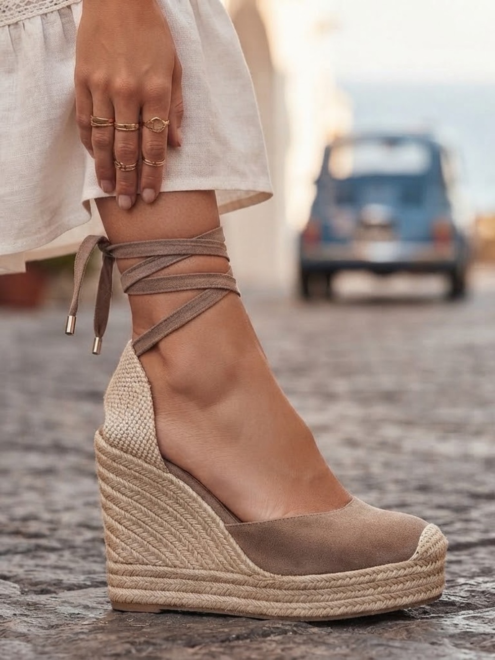 Suede Espadrille Wedge Sandals - Taupe Ankle Tie